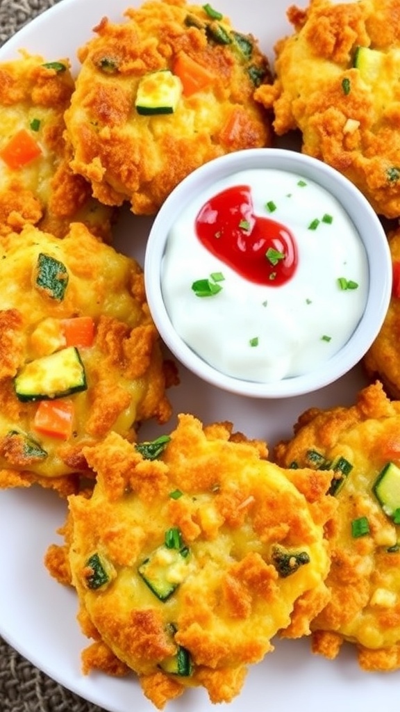 Crispy cheesy vegetable fritters on a plate with a dipping sauce.